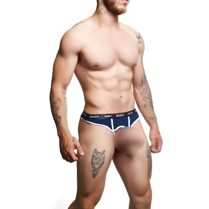 Navy blue and white good devil gdk071 thong athletic briefs with branded waistband shown from the back side