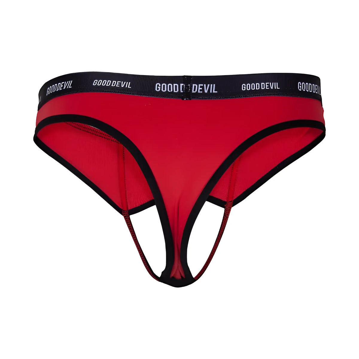 Red good devil GDK071 thong with black trim and waistband showing front side design and detailing