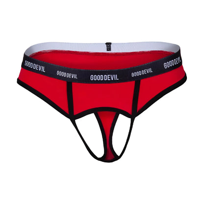 Good Devil GDK071 thong in red and black with a white inner waistband featuring a devil design