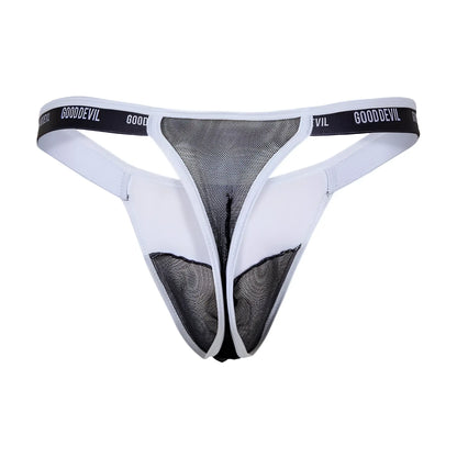 White and black mesh thong with gooddevil branding on the waistband good devil gdk073 thong front view