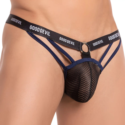 Black mesh thong with navy blue straps and gooddevil branded waistband from Good Devil GDL031 G-string collection