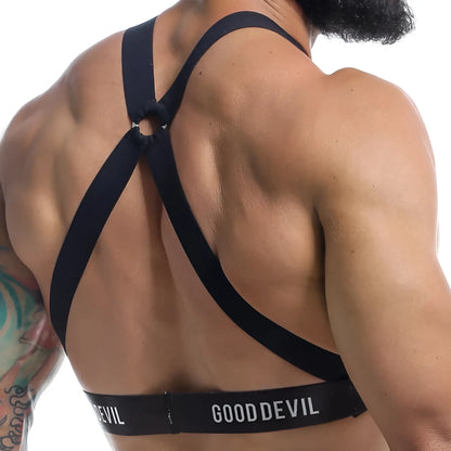 Black cross-back sports bra with gooddevil branded waistband designed for active wear in the good devil gdu012 accessory line