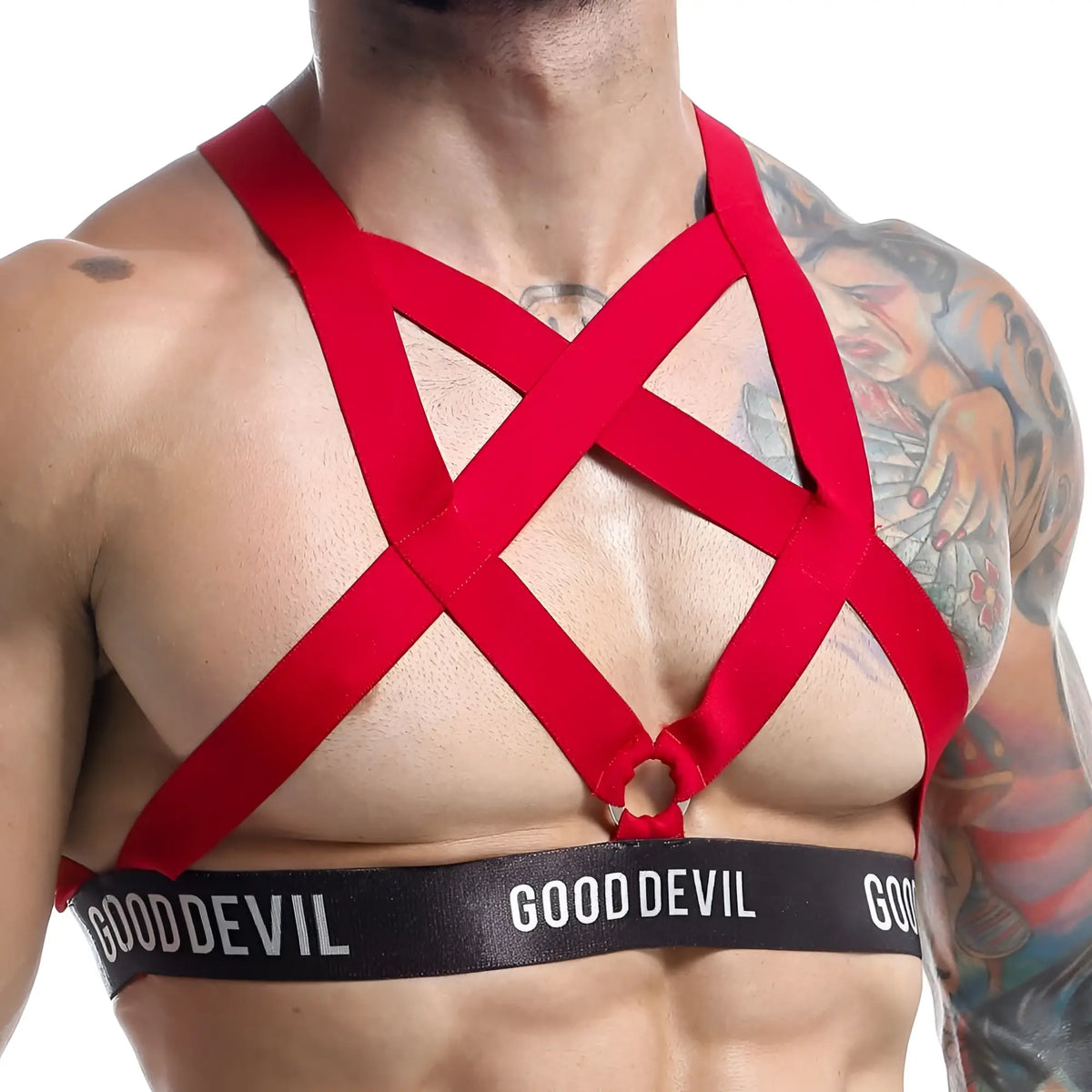 Red satin harness with black waistband featuring gooddevil branding from the good devil gdu012 accessory product