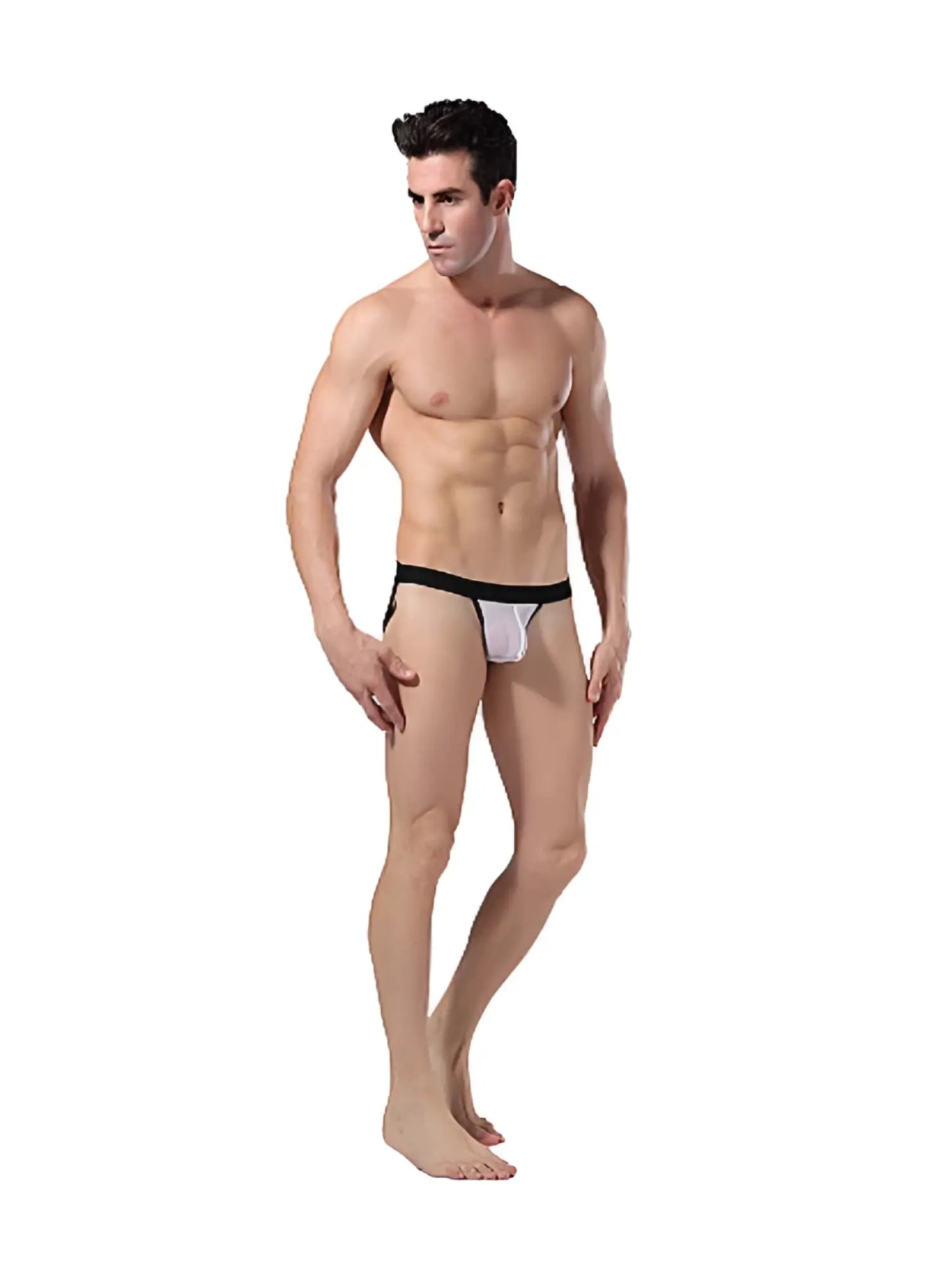 White and black snug fit athletic briefs with elastic waistband from Goodfellas underwear sheer jock strap xl back view