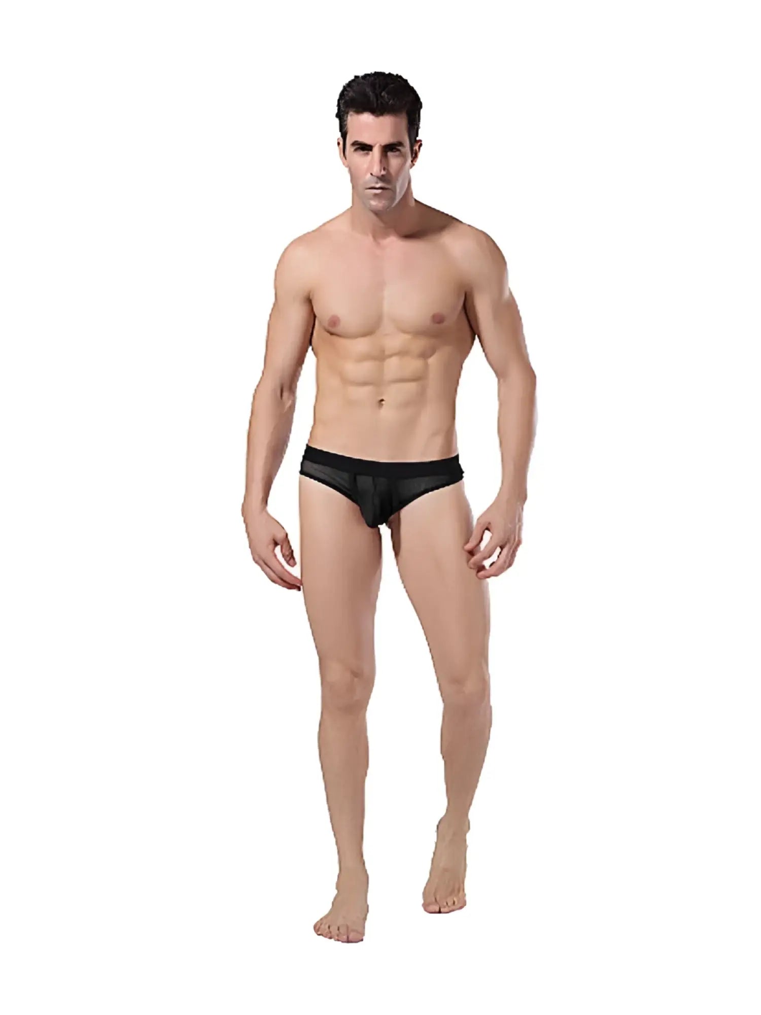 Black mesh briefs with solid black waistband from goodfellas underwear sheer thong gf001 size xl showing front view