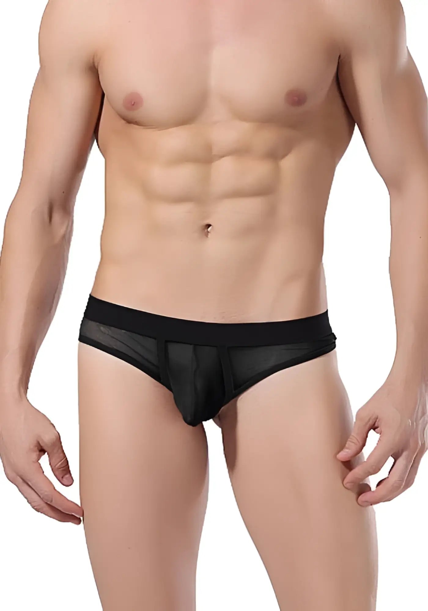 Black mesh sheer thong briefs with solid black waistband goodfellas underwear gf001 size xl front view