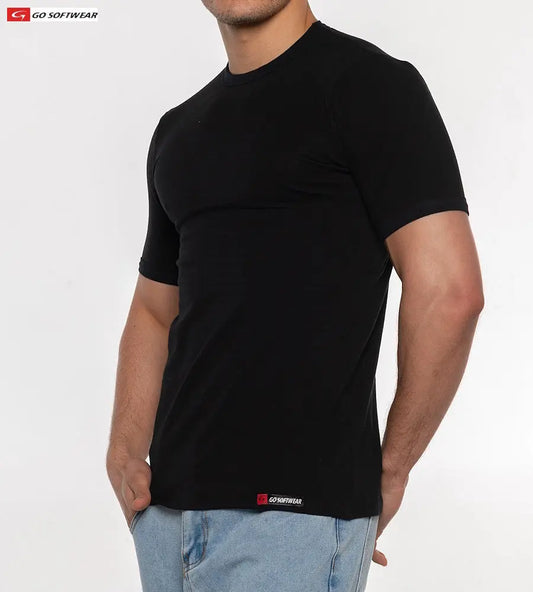 Black short-sleeve men's tee made of soft material featuring a fitted design worn by a model by Go Softwear