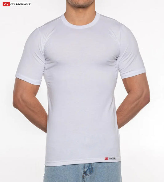 White short-sleeve men's tee by Go Softwear featuring a fitted design and soft material worn by a model against a plain background