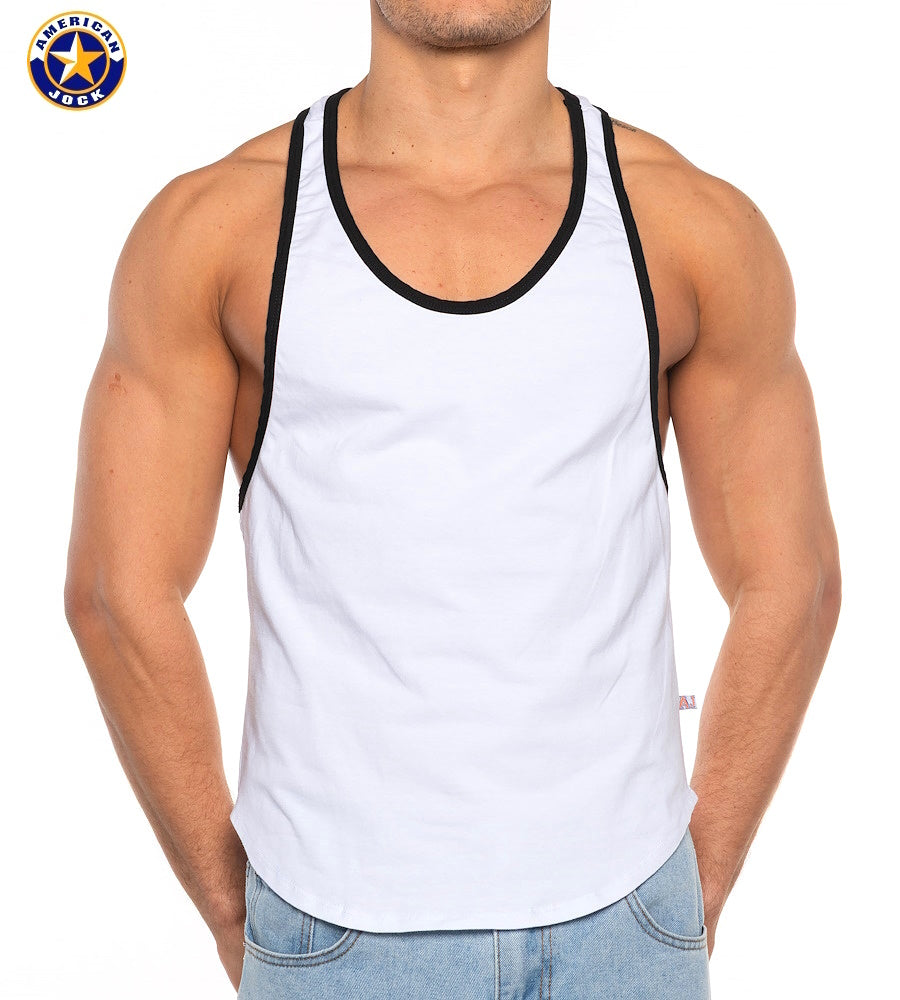 AMERICAN JOCK 8566 Herren-Basic Bodybuilder-Tanktop – Weiß/Schwarz