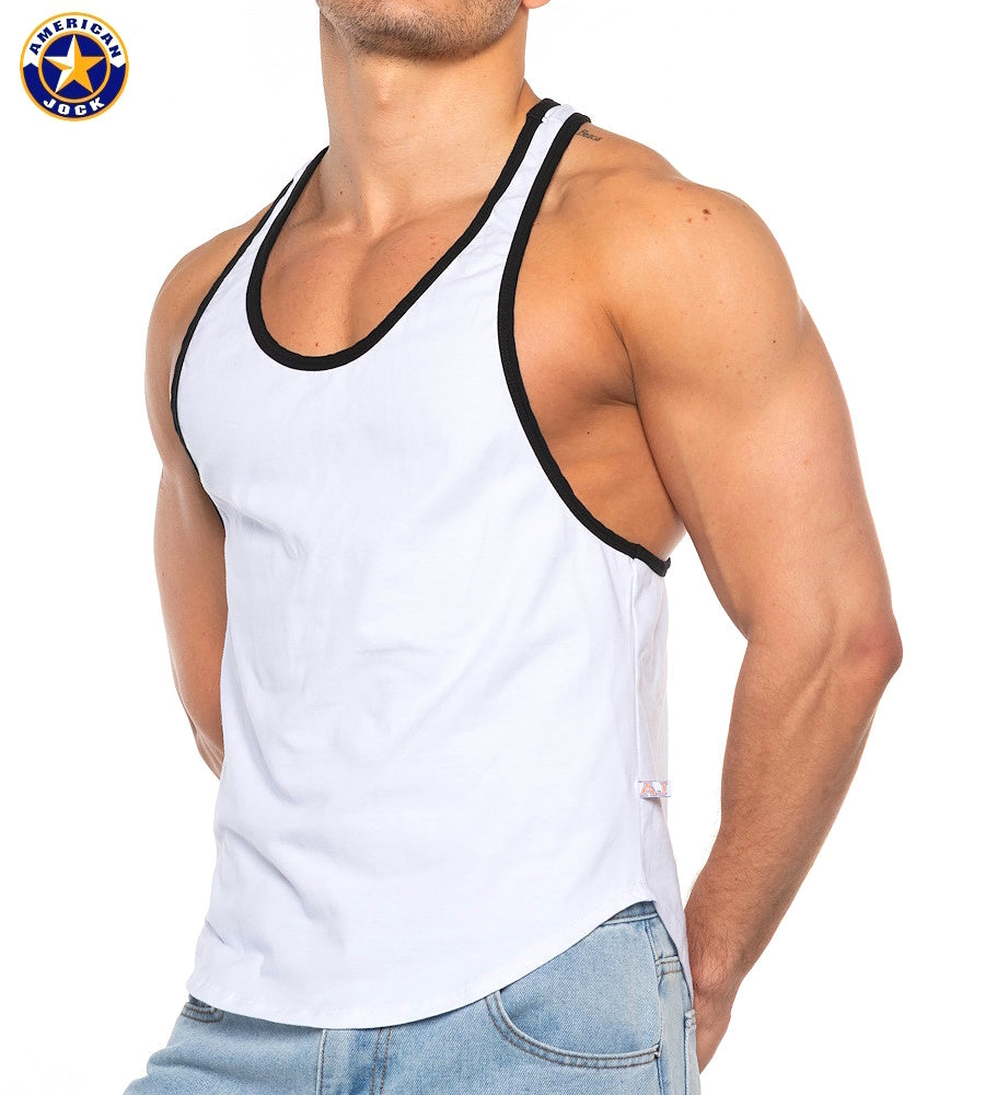AMERICAN JOCK 8566 Herren-Basic Bodybuilder-Tanktop – Weiß/Schwarz