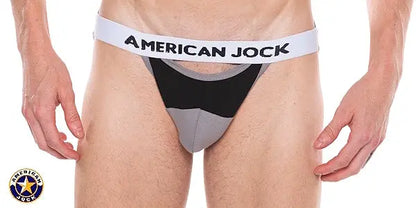 Men's jockstrap in onyx and gray with a wide American Jock waistband featuring a supportive pouch and minimal coverage