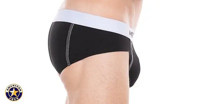 Black men's bikini underwear with a white waistband featuring a snug fit and contrast stitching by AMERICAN JOCK