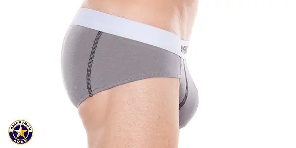 Men's bikini in platinum gray with a white waistband featuring a snug fit and soft material by AMERICAN JOCK