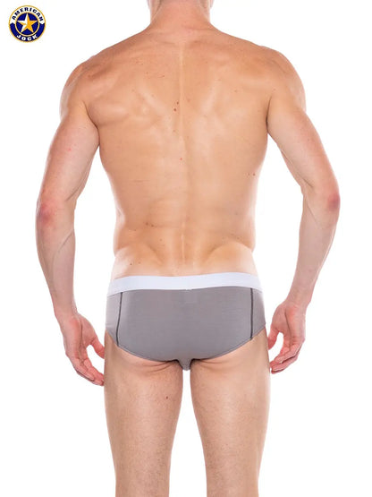 Men's bikini in platinum gray with a white waistband shown from the back on a model by AMERICAN JOCK