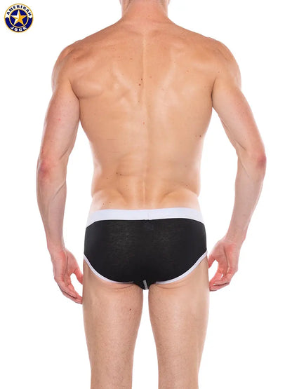 Men's black core brief with white waistband shown from the back featuring a snug fit by AMERICAN JOCK