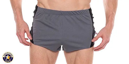 Men's athletic sprint shorts in platinum gray with black side panels made by AMERICAN JOCK featuring a comfortable fit and sporty design
