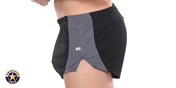 Men's sprint shorts in black and gray featuring a split design and elastic waistband by AMERICAN JOCK