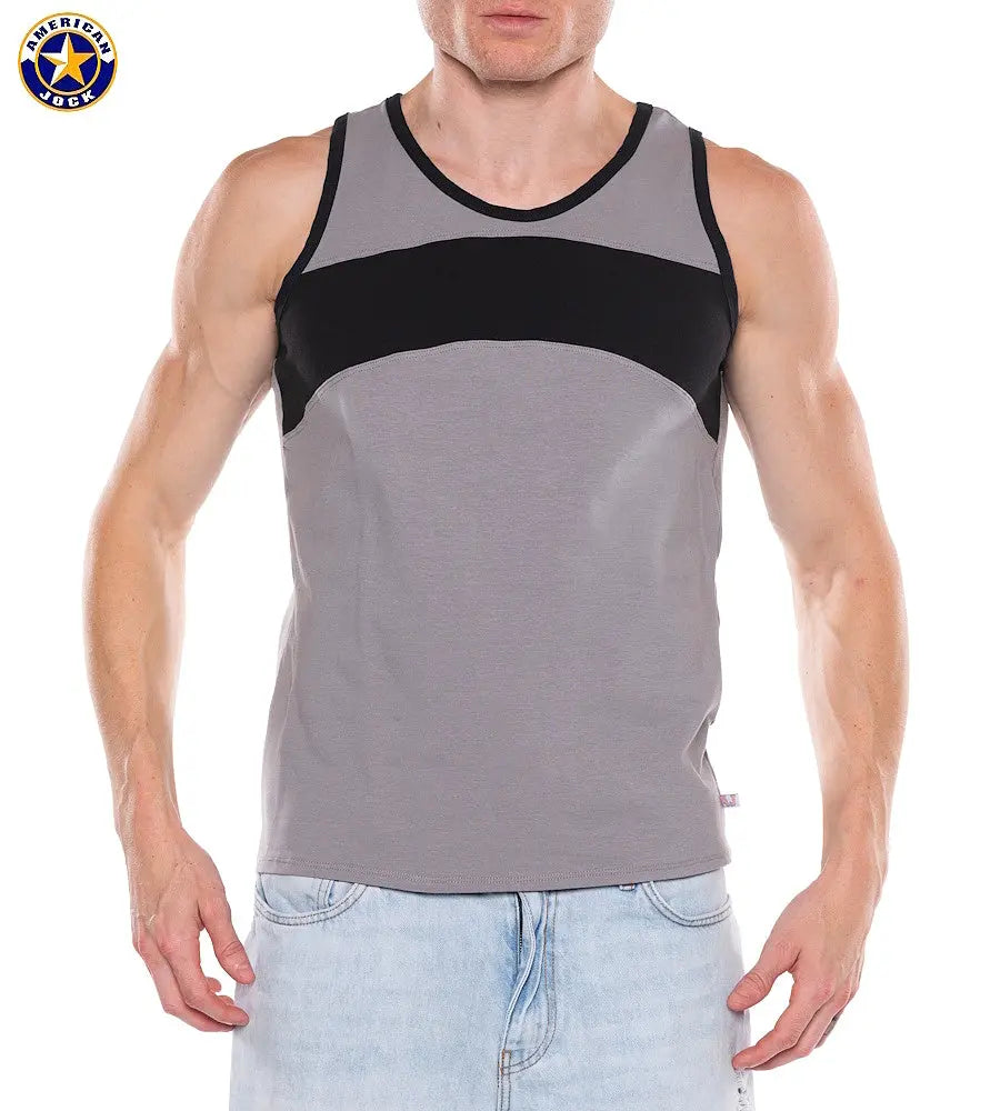 Men's tank top in platinum gray with black panel made by AMERICAN JOCK featuring a sporty design and comfortable fit