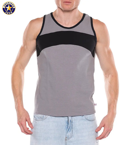 Men's tank top in platinum gray with black panel made by AMERICAN JOCK featuring a sporty design and comfortable fit