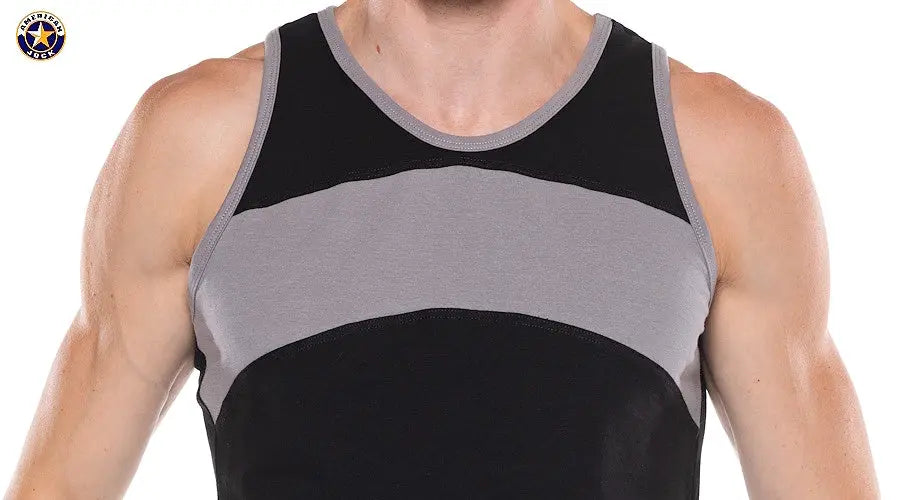 Men's tank top in onyx and gray color block design made by AMERICAN JOCK featuring a sleeveless cut and soft fabric