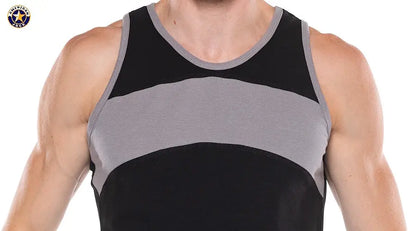 Men's tank top in onyx and gray color block design made by AMERICAN JOCK featuring a sleeveless cut and soft fabric