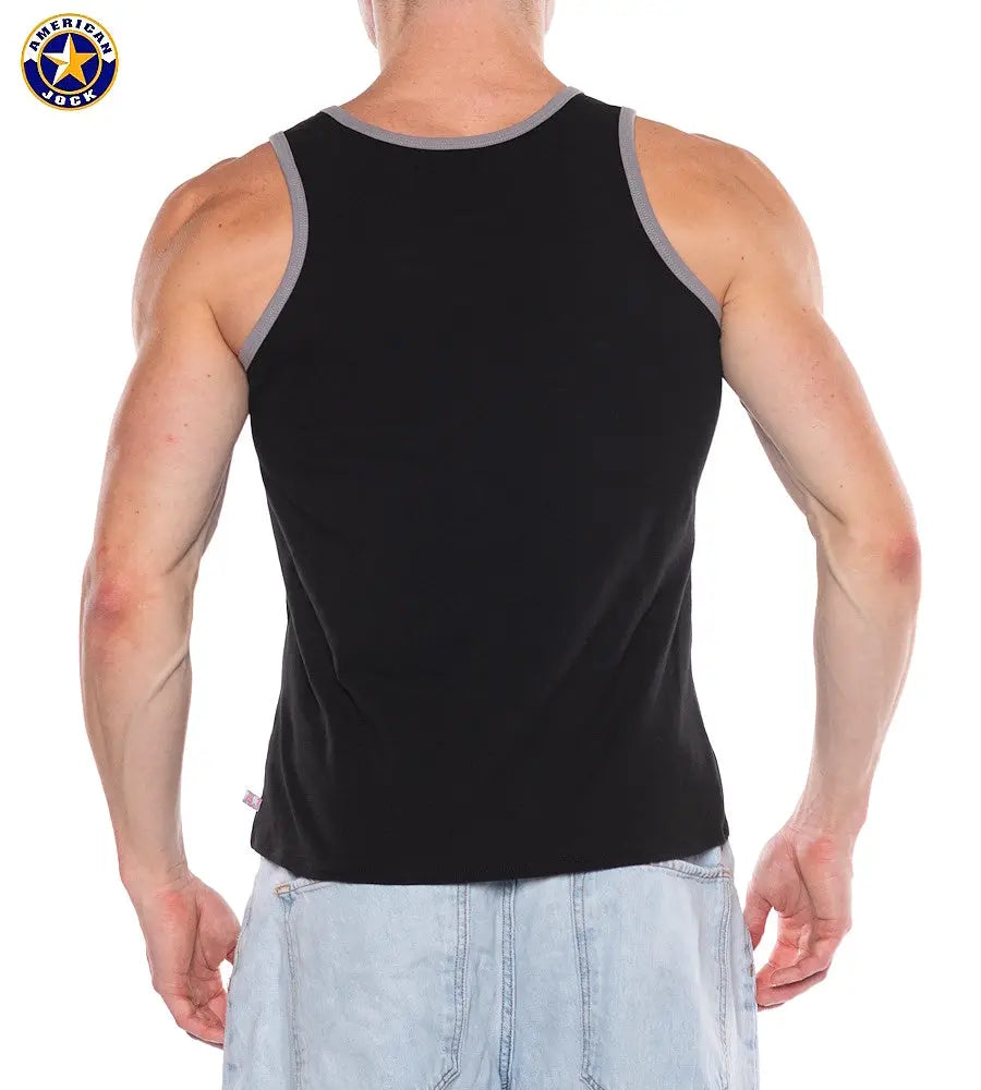 Men's black tank top with gray trim made by AMERICAN JOCK shown from the back on a model with muscular build