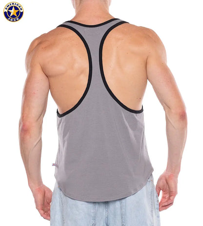 Men's platinum tank top with a racerback design featuring contrasting black trim worn by a model from the back by AMERICAN JOCK
