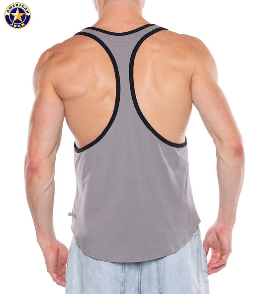 Men's platinum tank top with a racerback design featuring contrasting black trim worn by a model from the back by AMERICAN JOCK