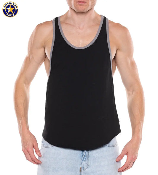 Men's black tank top with gray trim featuring a relaxed fit worn by a model. By AMERICAN JOCK.