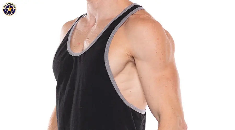 Men's black tank top with gray trim featuring a sleeveless design and a fitted cut worn by a model by AMERICAN JOCK