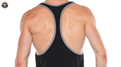 Men's black tank top with a racerback design and gray trim shown from the back highlighting muscular shoulders by AMERICAN JOCK