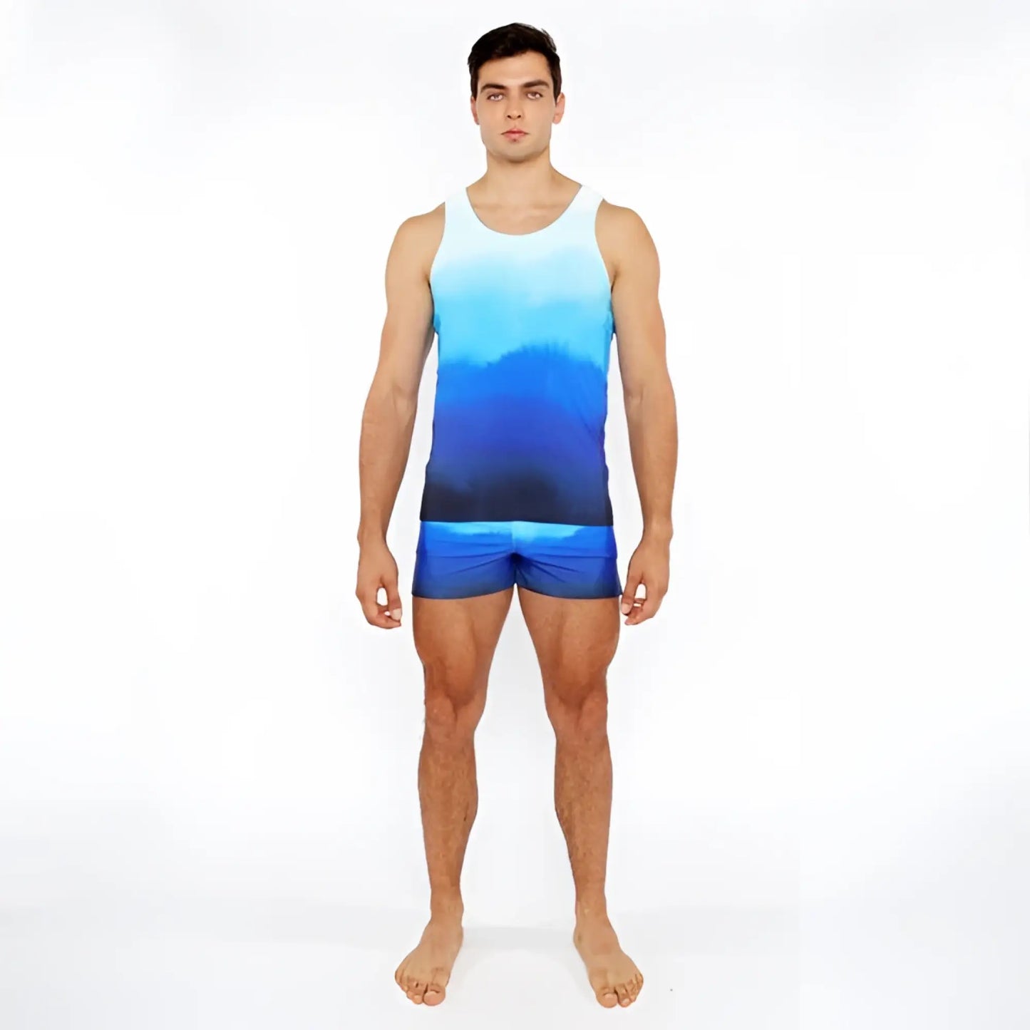 Blue gradient printed swim short with smooth fabric featuring a blue gradient tank top design