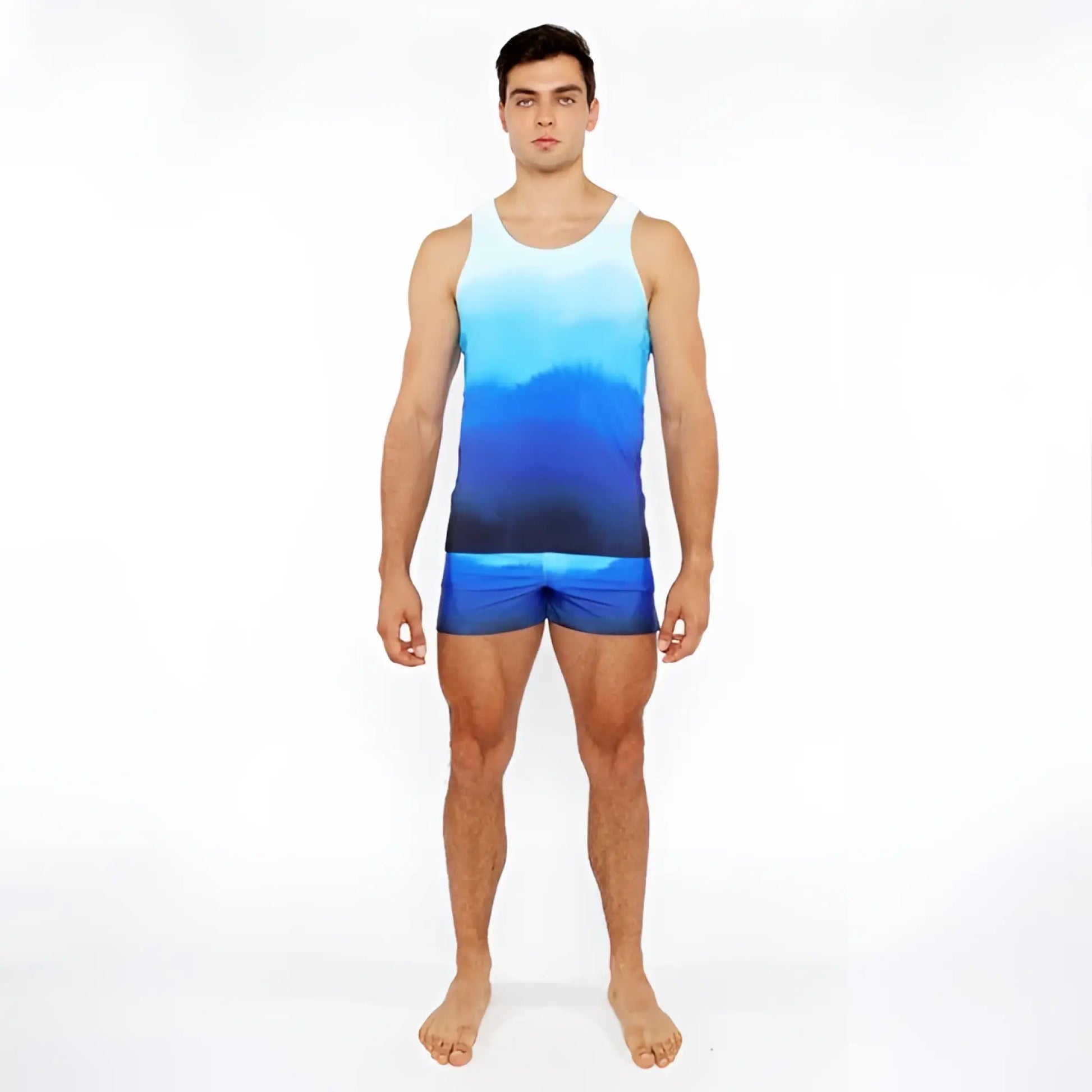 Blue gradient printed swim short with smooth fabric featuring a blue gradient tank top design