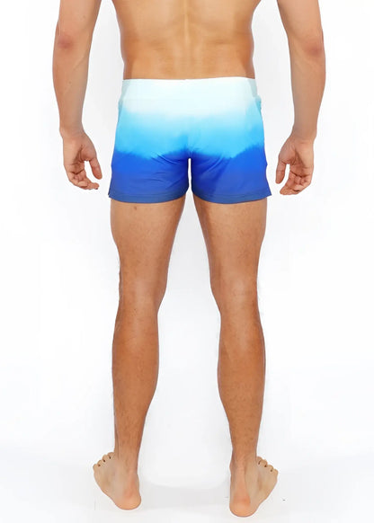 Blue gradient printed swim short with smooth seamless fabric finish ideal for swimming and beachwear