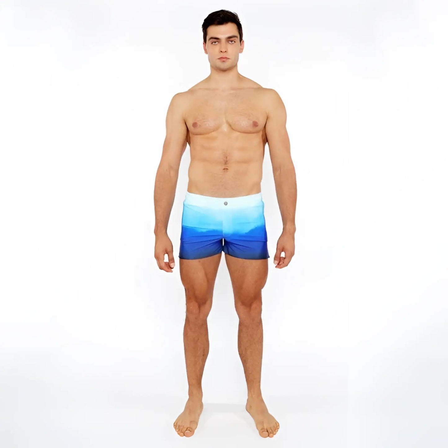Men’s gradient printed swim shorts with blue ocean gradient and stretchy fabric for comfort and flexibility
