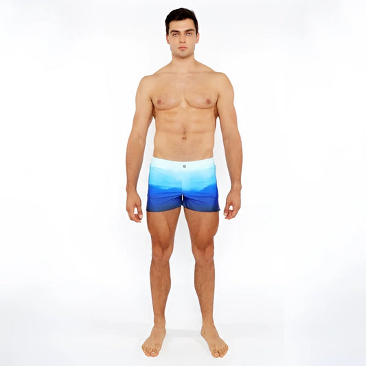 Men’s gradient printed swim shorts with blue ocean gradient and stretchy fabric for comfort and flexibility
