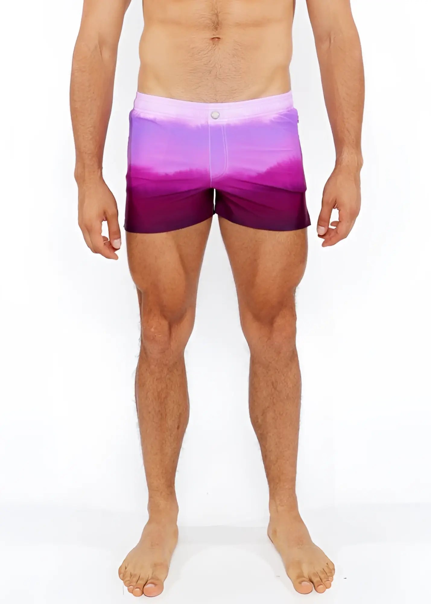 Gradient printed swim short featuring a purple gradient swim trunk with fading transition from lavender to deep violet