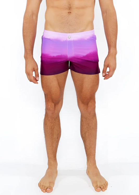 Gradient printed swim short featuring a purple gradient swim trunk with fading transition from lavender to deep violet