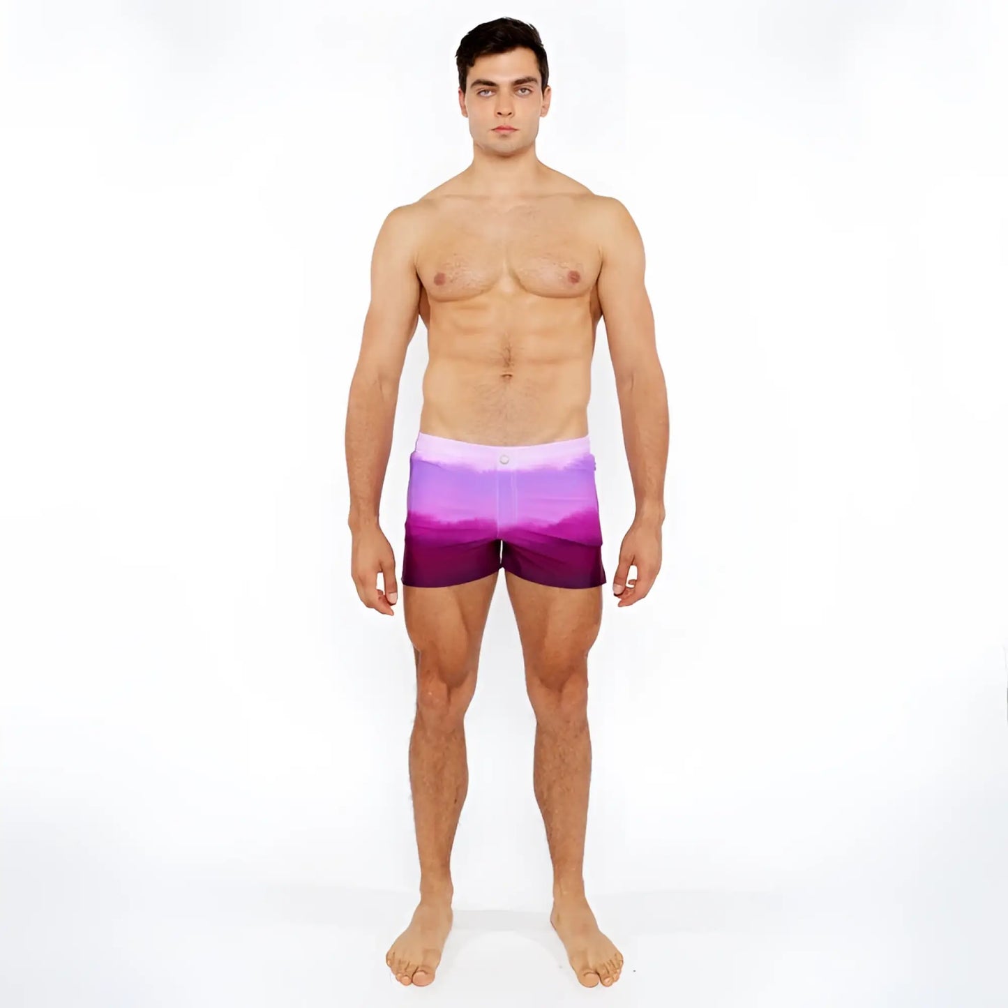 Purple gradient printed swim shorts with white waistband designed for casual beach and pool wear