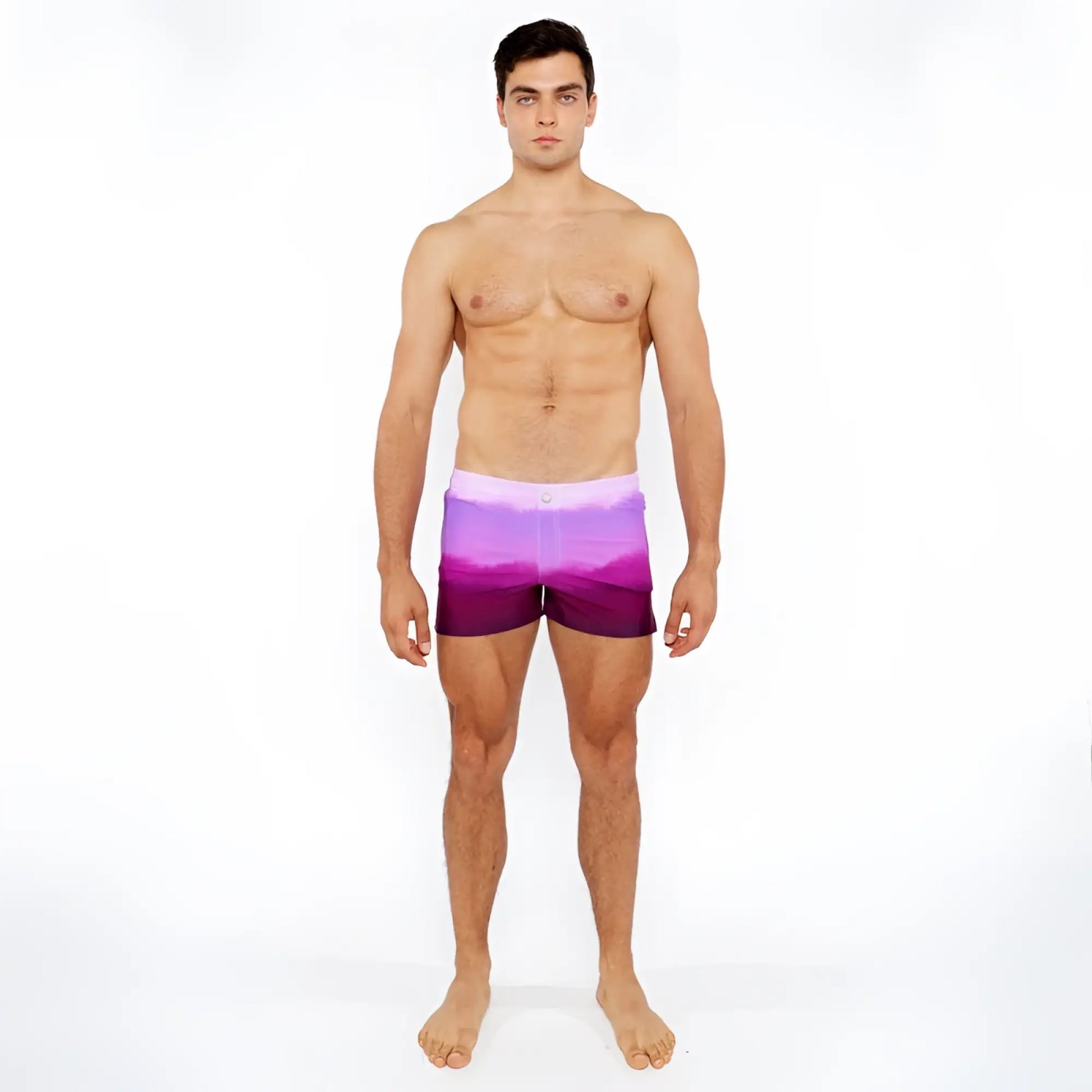 Purple gradient printed swim shorts with white waistband designed for casual beach and pool wear