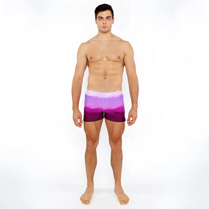 Purple gradient printed swim shorts with white waistband designed for casual beach and pool wear