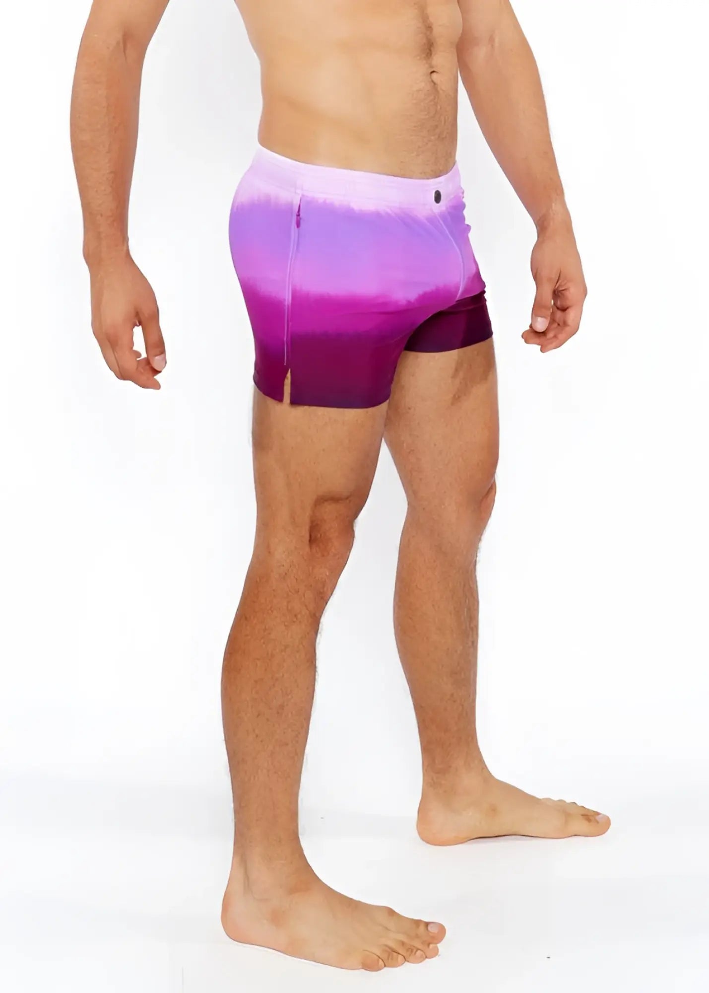 Gradient printed swim short in purple with white to purple tie dye pattern and side slit for comfortable wear