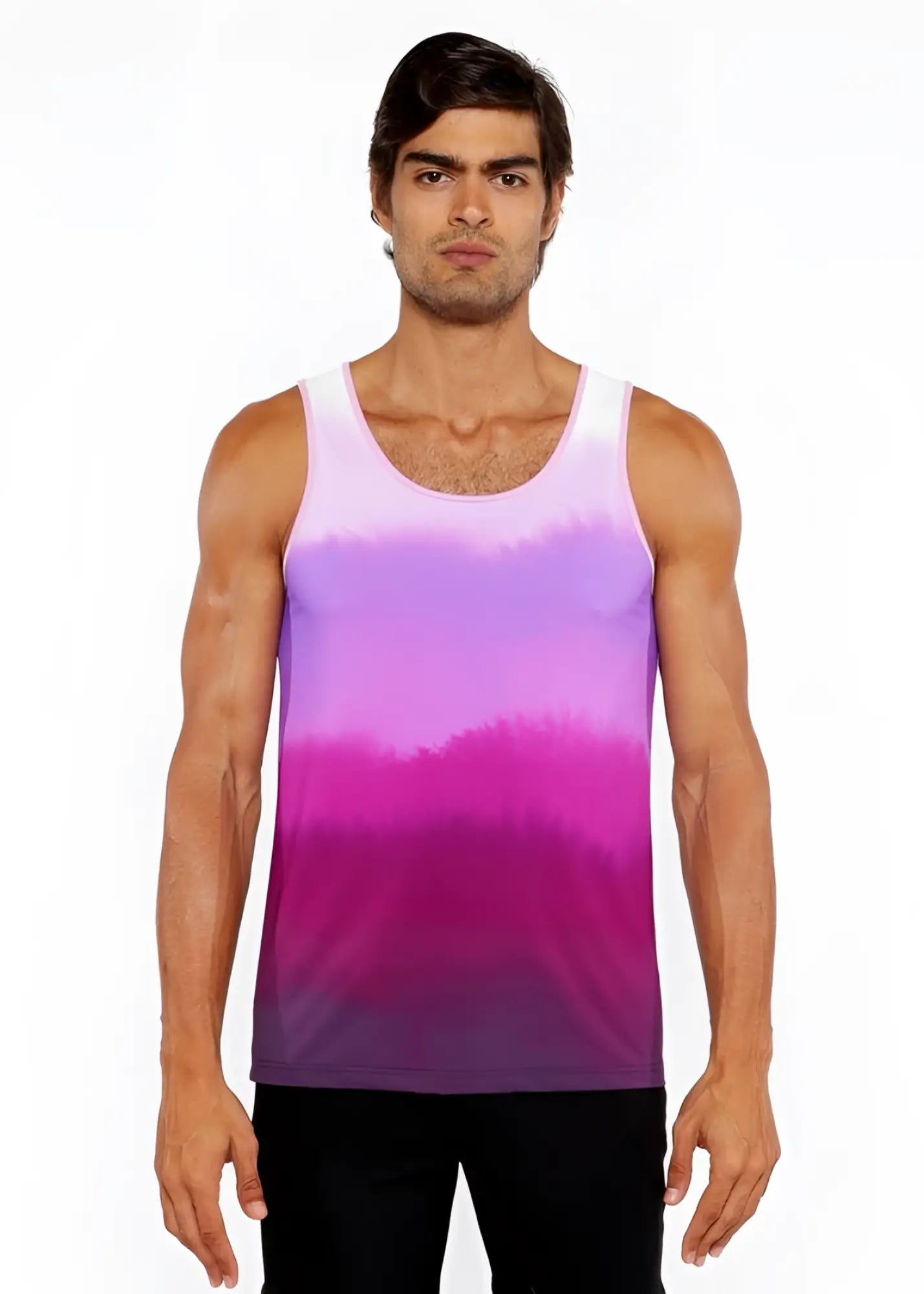 A man wearing a gradient stretch mesh tank top with smooth hues from lavender to deep magenta and purple