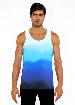 A men’s gradient stretch mesh tank top with a smooth transition from light to dark blue color