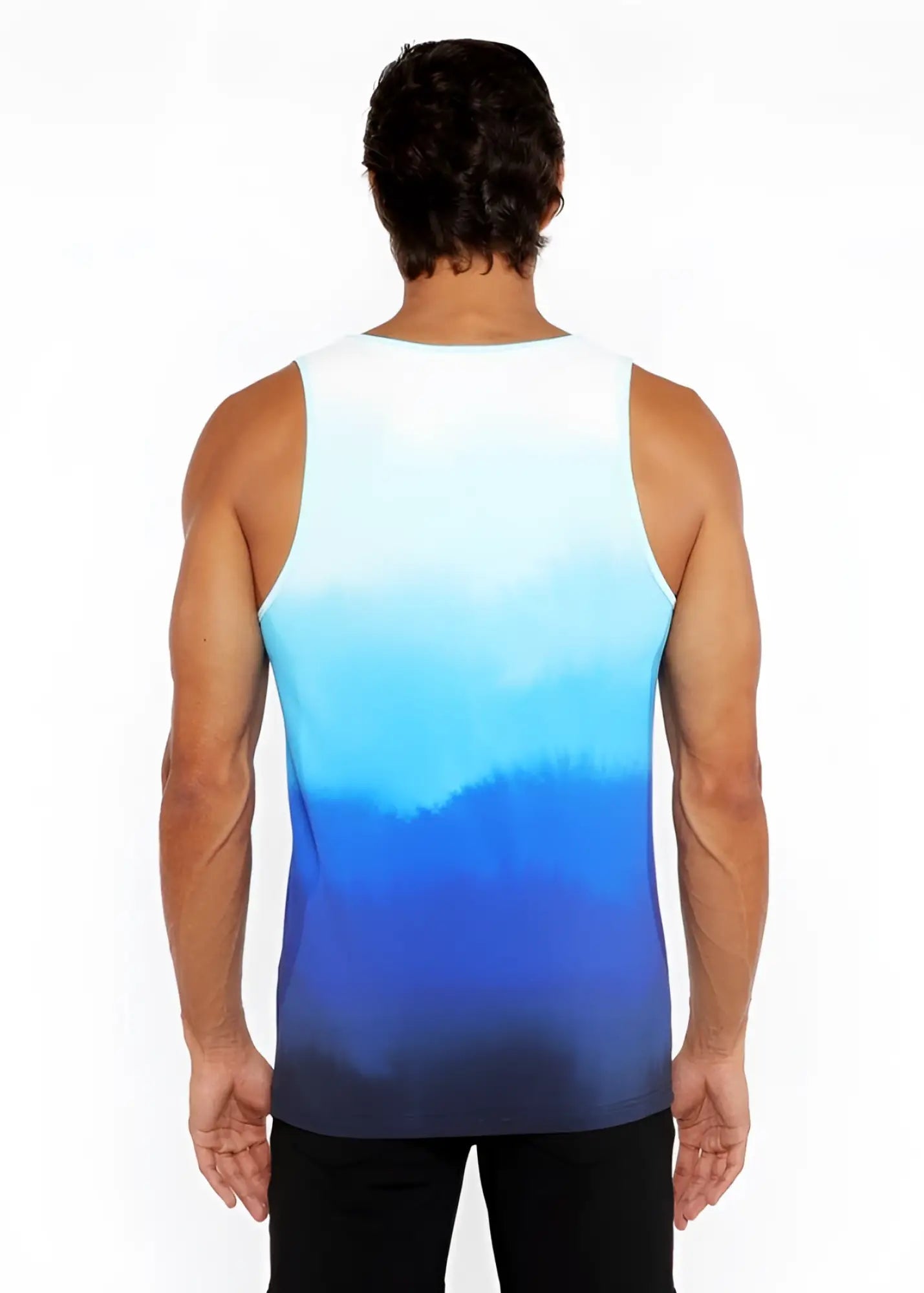 A men’s sleeveless gradient stretch mesh tank top in white to deep blue with soft fabric and smooth color transition