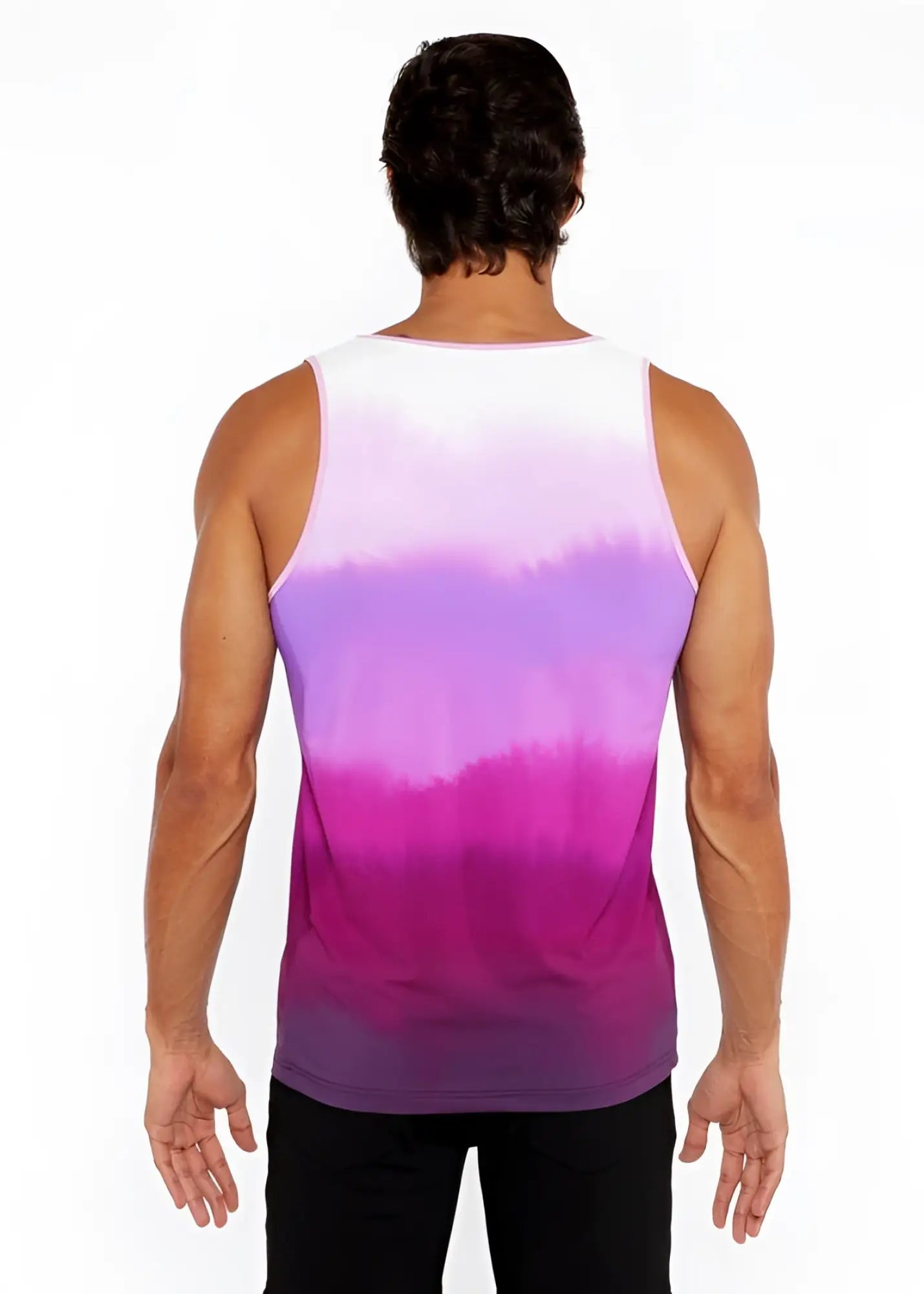 A gradient stretch mesh tank top with a white to deep magenta purple gradient in stretchy fabric and clean seams