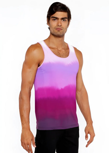 A gradient stretch mesh tank top with soft pink to deep magenta and purple hues in stretchy fabric with thin straps