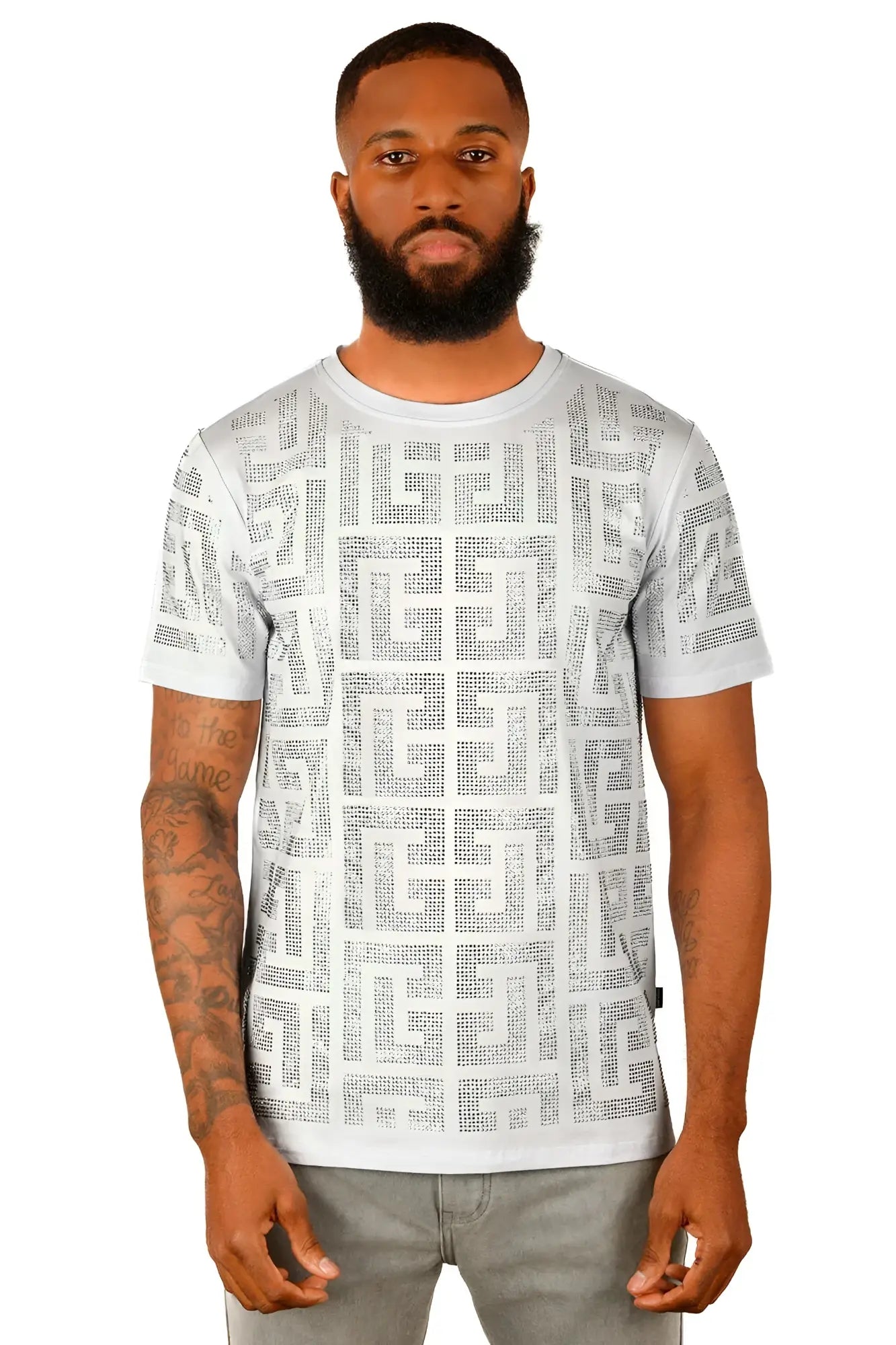 White short-sleeved t-shirt with bold geometric Greek key pattern adorned with sparkling rhinestones