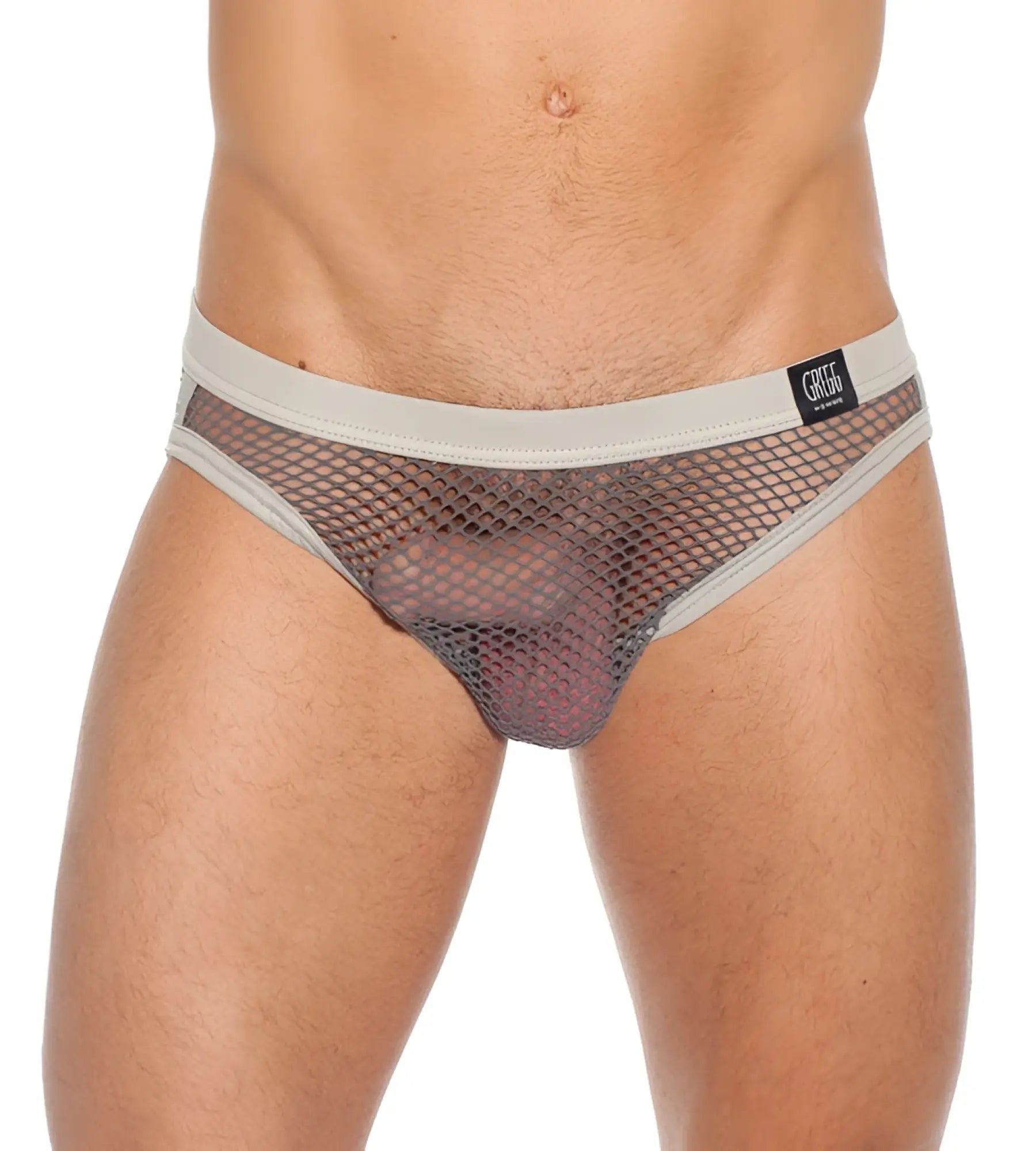 Gregg homme beyond doubt gray mesh briefs with solid waistband and black brand tag size xl in pewter color