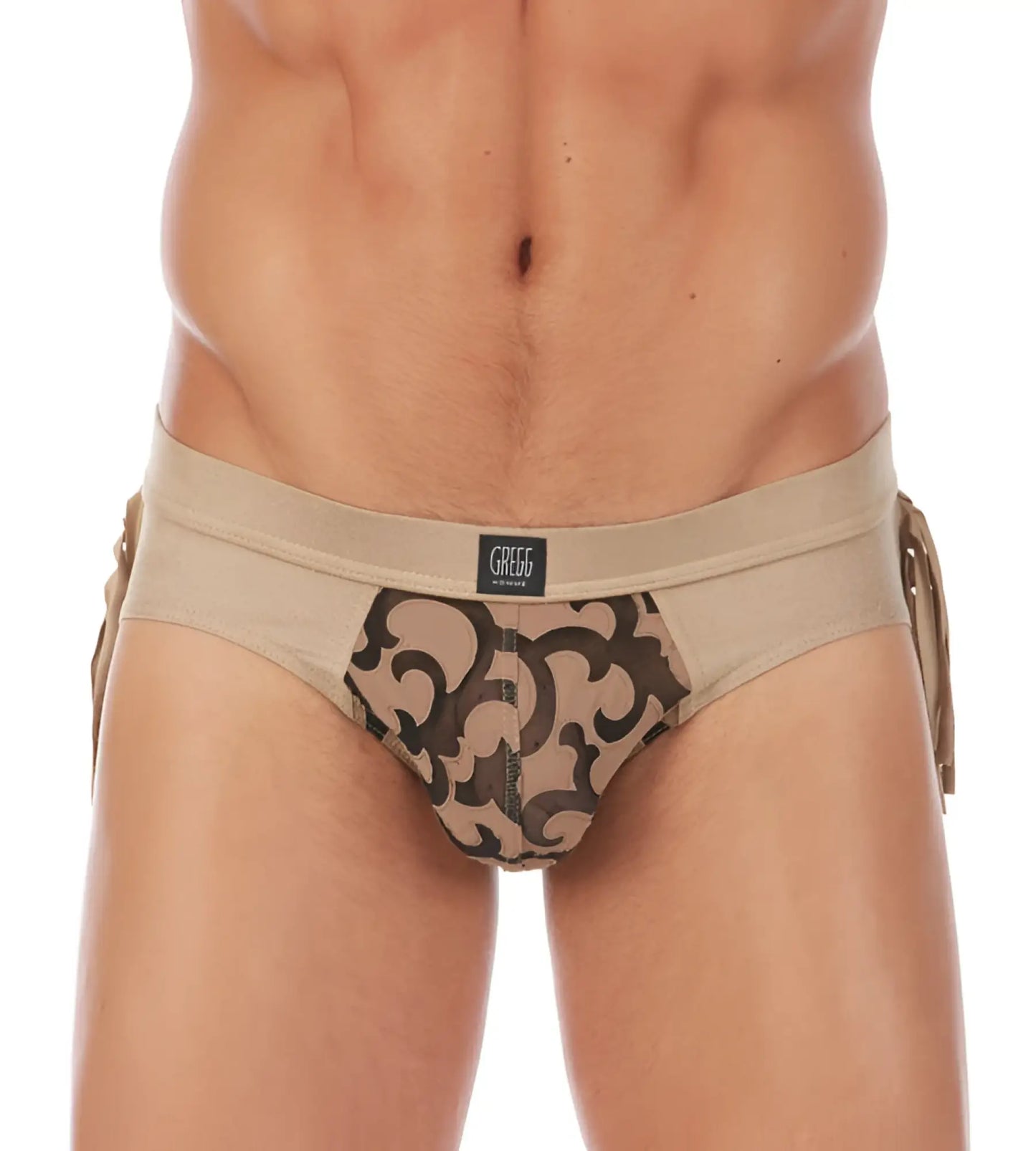 Gregg homme cowboy brief underwear in beige and dark brown ornate pattern with side ties size l